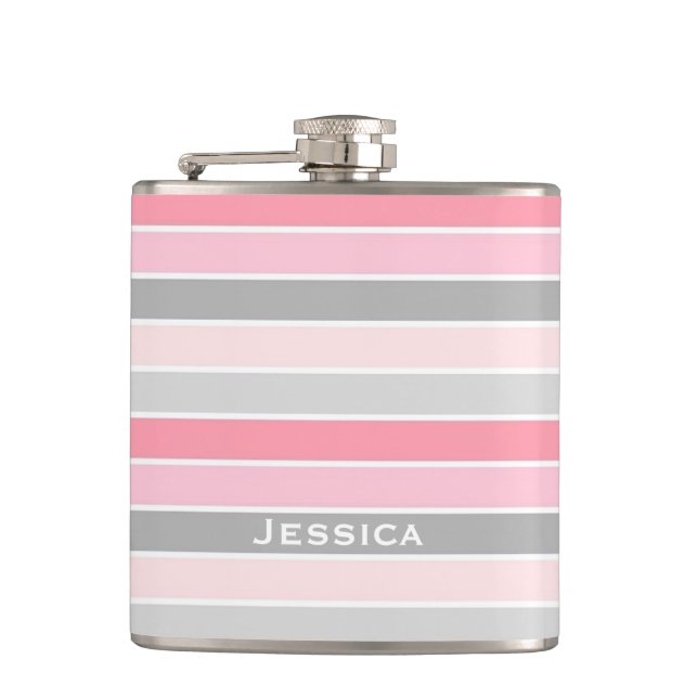 Pink and Grey Stripes Personalised Flask (Front)