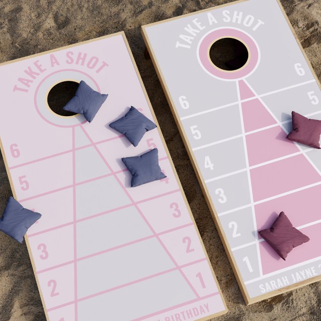 Pink and Grey Take a Shot Birthday Cornhole Set (Take a shot! It's your Birthday! A pink and gray cornhole set with text you can customize)