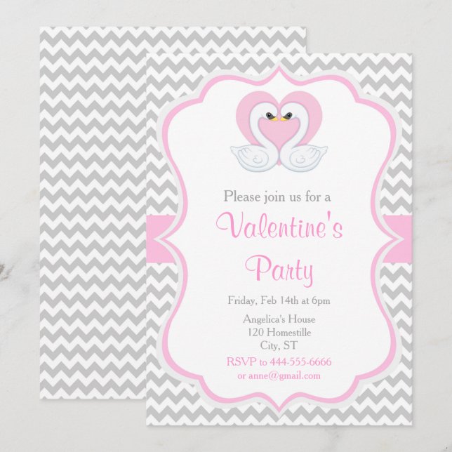 Pink and Grey Valentine Swans Invitation (Front/Back)