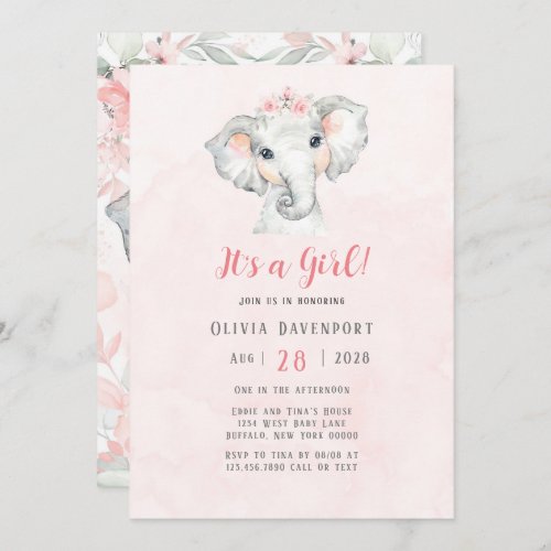 Pink and Grey Watercolor Elephant Girl Baby Shower Invitation