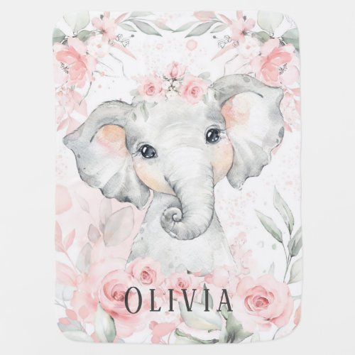 Pink and Grey Watercolor Elephant Girl Custom Baby Blanket