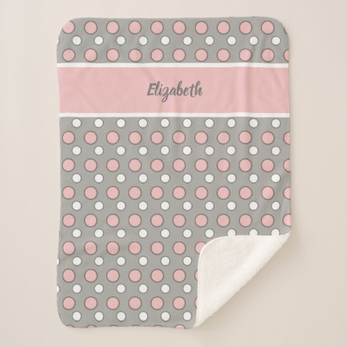 Pink and grey with polka dots and name sherpa blanket