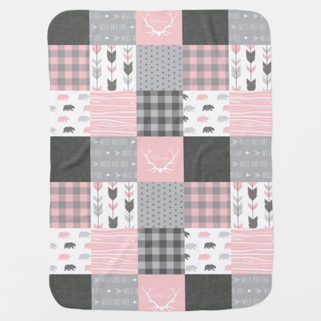 Pink and Grey Woodland Baby Blanket (Front)