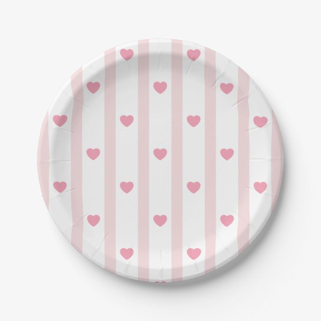 Pink and Hearts, Stripes, birthday, shower, party Paper Plates (Front)