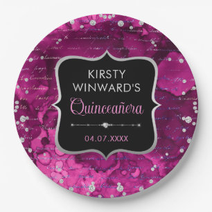 Pink and Iridescent Glitter Letters Quinceanera Paper Plates