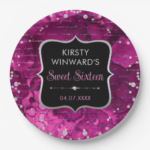 Pink and Iridescent Glitter Letters Sweet 16 Paper Plates
