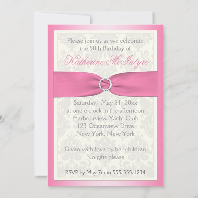 Pink and Ivory Damask 50th Birthday Invitation (Front)