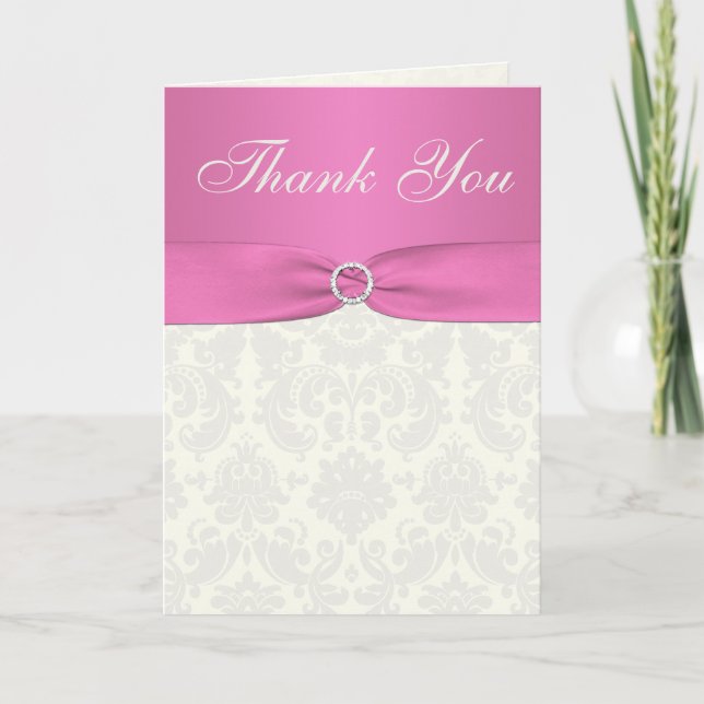 Pink and Ivory Damask Thank You Card (Front)