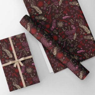 Pink and ivory floral doodles in maroon. wrapping paper sheets