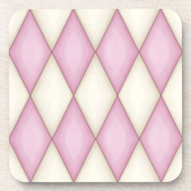 Pink and Ivory Harlequin Diamond Check Beverage Coaster (Front)