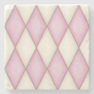 Pink and Ivory Harlequin Diamond Check Stone Coaster