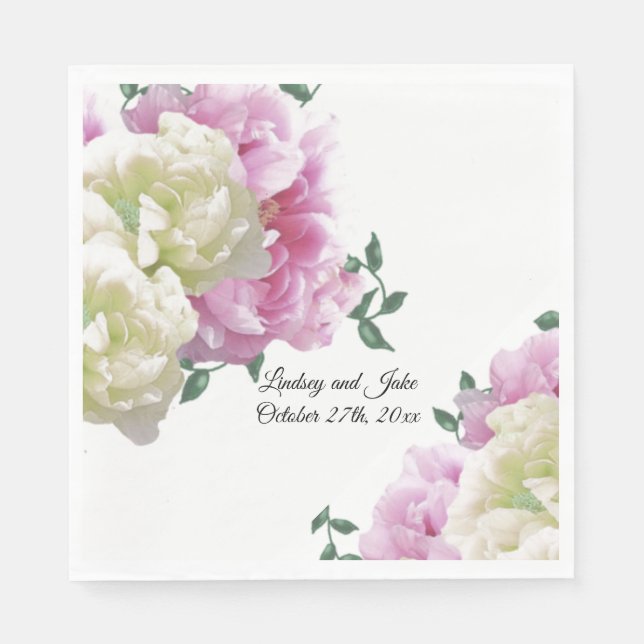 Pink and Ivory Peonies Wedding Paper Napkins (Front)