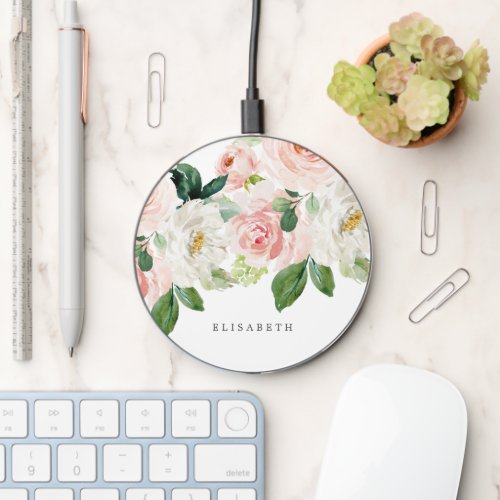 Pink and ivory Watercolor Floral with Your Name Wireless Charger