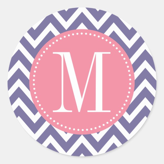 Pink and Lavender Chevron Custom Monogram Classic Round Sticker (Front)