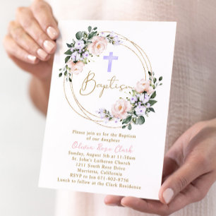 Pink and Lavender Floral Baptism Gold Frame Invitation