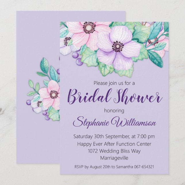 Pink and Lavender Floral Bridal Shower Invitation (Front/Back)