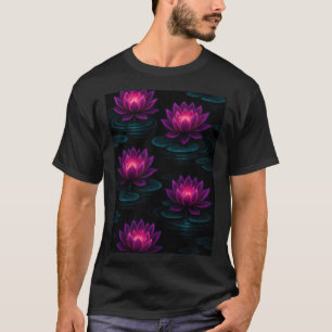 pink and lavender glowing lotus flowers on black T-Shirt