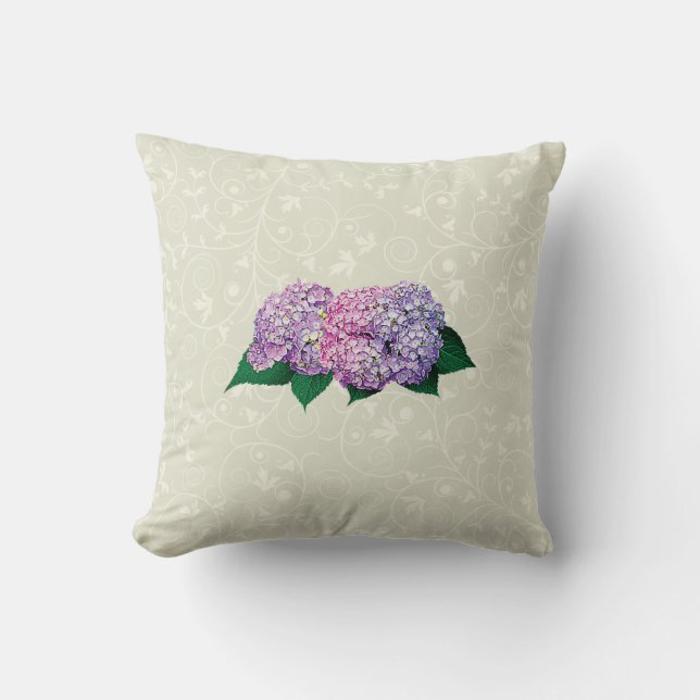 Pink and Lavender Hydrangea Throw Pillow (Front)