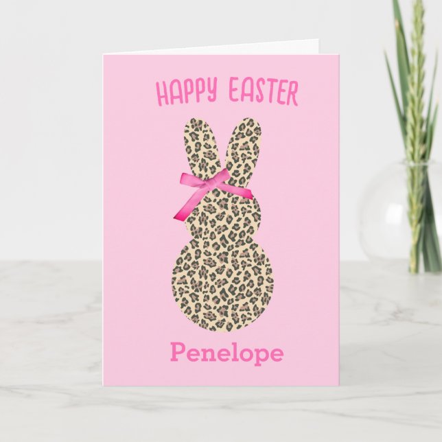 Pink and Leopard Easter Bunny Pink Bow Card (Front)