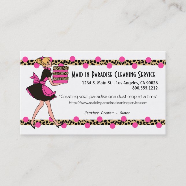 Pink And Leopard Print Cleaning Service Design Business Card (Front)