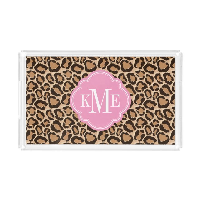 Pink and Leopard Print Custom Monogram Acrylic Tray (Front)