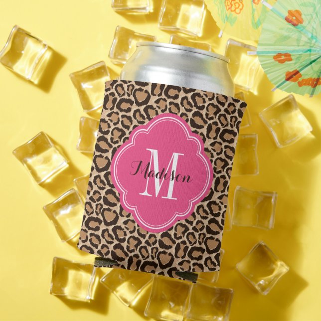 Pink and Leopard Print Custom Monogram Can Cooler (In Situ Summer)