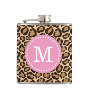 Pink and Leopard Print Custom Monogram Flask