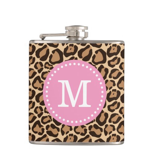 Pink and Leopard Print Custom Monogram Flask