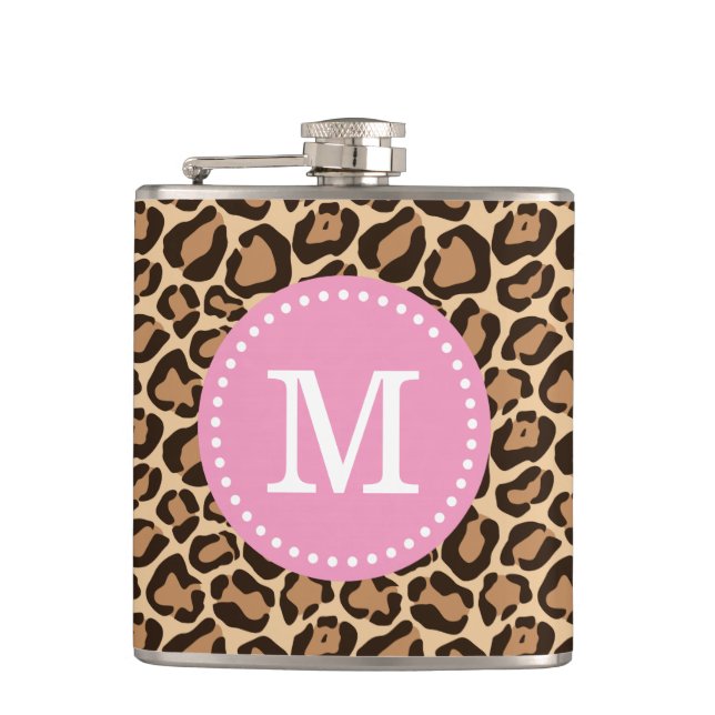 Pink and Leopard Print Custom Monogram Flask (Front)