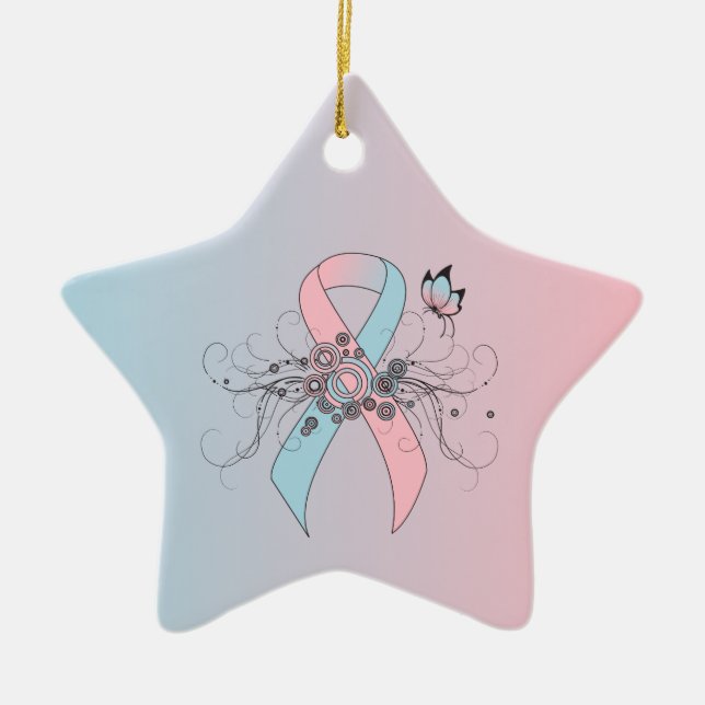 Pink and Light Blue Awareness Ribbon Butterfly Ceramic Ornament (Front)