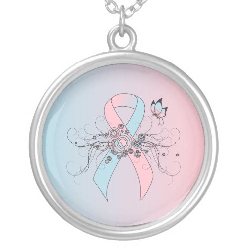 Pink and Light Blue Awareness Ribbon Butterfly Silver Plated Necklace