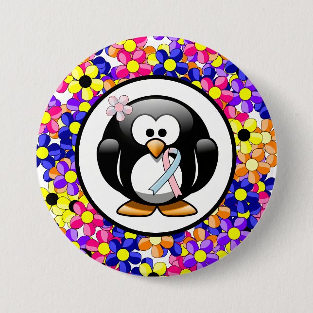 Pink and Light Blue Awareness Ribbon Penguin Pinback Button (Front)