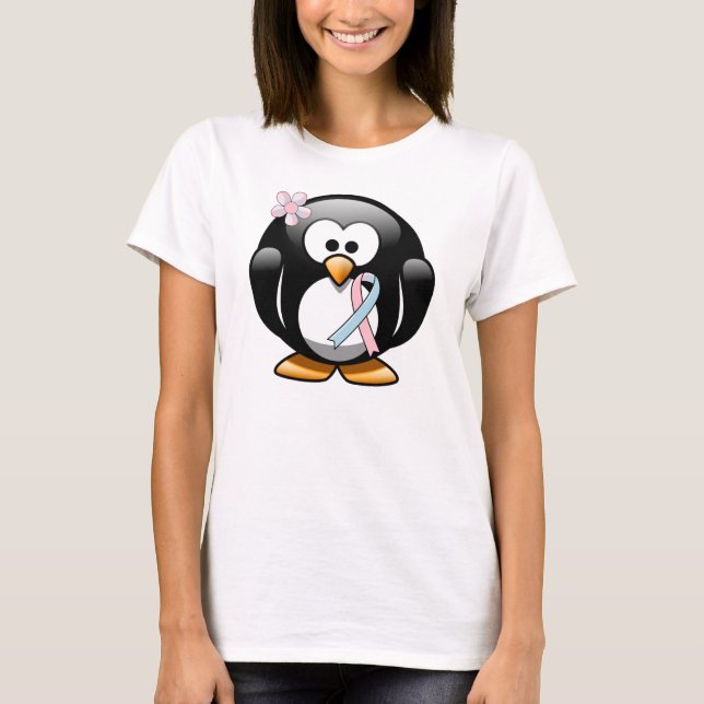 Pink and Light Blue Awareness Ribbon Penguin T-Shirt (Front)