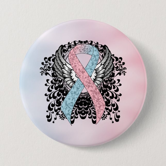 Pink and Light Blue Awareness Ribbon with Wings Pinback Button (Front)