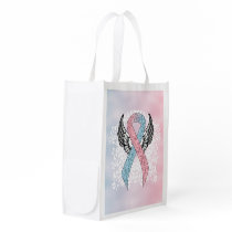Pink and Light Blue Awareness Ribbon with Wings Reusable Grocery Bag