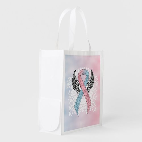 Pink and Light Blue Awareness Ribbon with Wings Reusable Grocery Bag