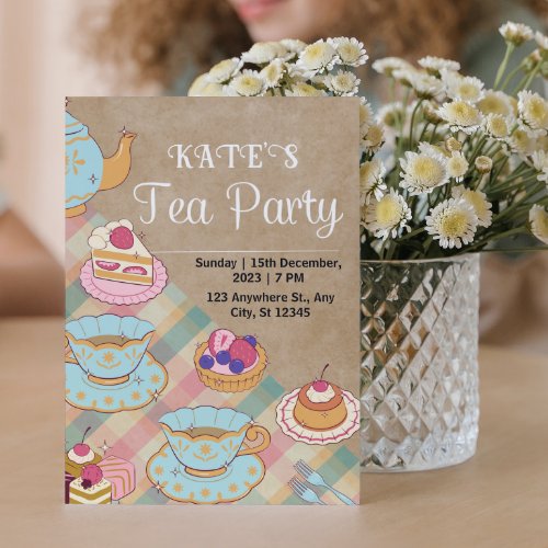 Pink and light blue feminine Tea Party Invitation