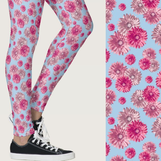 Pink and light blue gerbera daisy floral Patterned Leggings (Creator Uploaded)