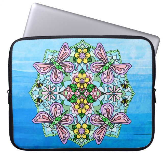 Pink and Light Blue Hand Drawn Mandala Laptop Sleeve (Front)