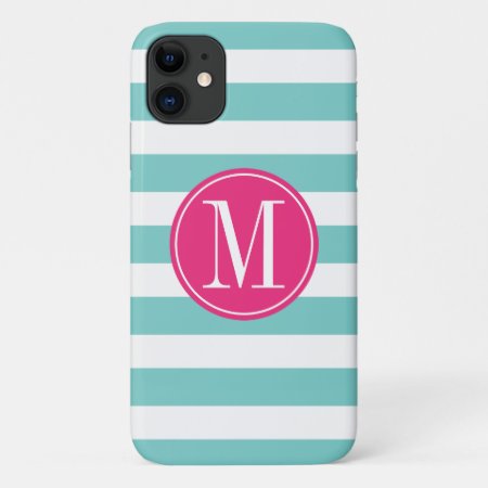 Pink And Light Blue Stripes Custom Monogram Iphone 11 Case