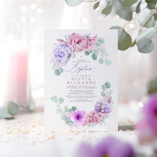 Pink and Light Purple Flowers Eucalyptus Baptism Invitation