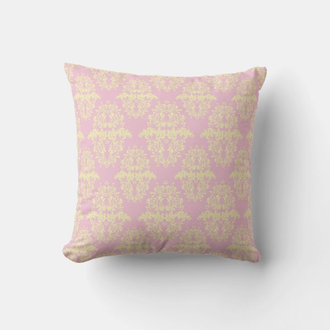 Pink and Light Yellow Damask Pattern Throw Pillow (Front)