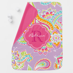 Pink and Lilac Boho Paisley Baby Name Monogram Baby Blanket