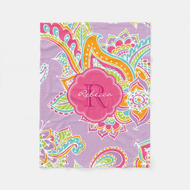 Pink and Lilac Boho Paisley Monogrammed Fleece Blanket (Front)