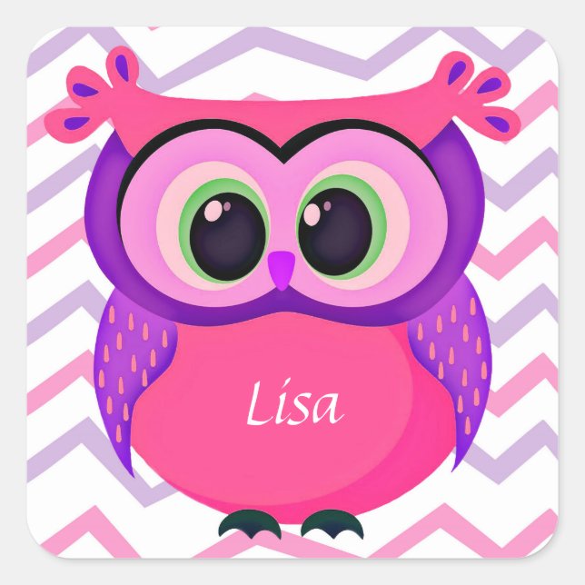 Pink and lilac cute owl square sticker (Front)
