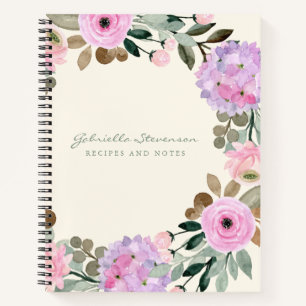 Pink and Lilac Floral Wreath Personalized Recipe Notebook
