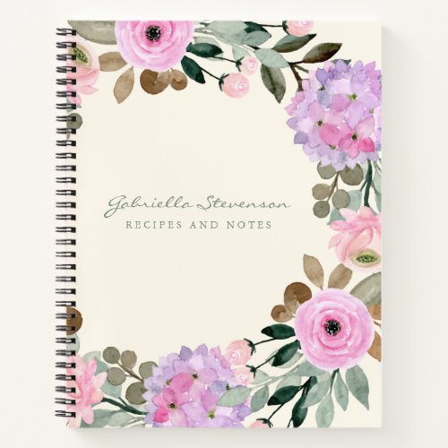 Pink and Lilac Floral Wreath Personalized Recipe Notebook