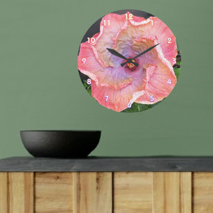 Pink and Lilac Hibiscus Blossom Floral Botanical Large Clock