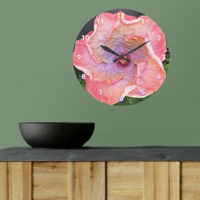 Pink and Lilac Hibiscus Blossom Floral Botanical Large Clock (Creator Uploaded)