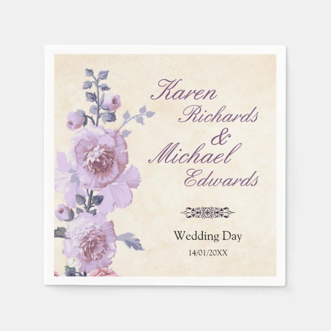 Pink and Lilac Watercolor Floral Wedding Napkins (Front)